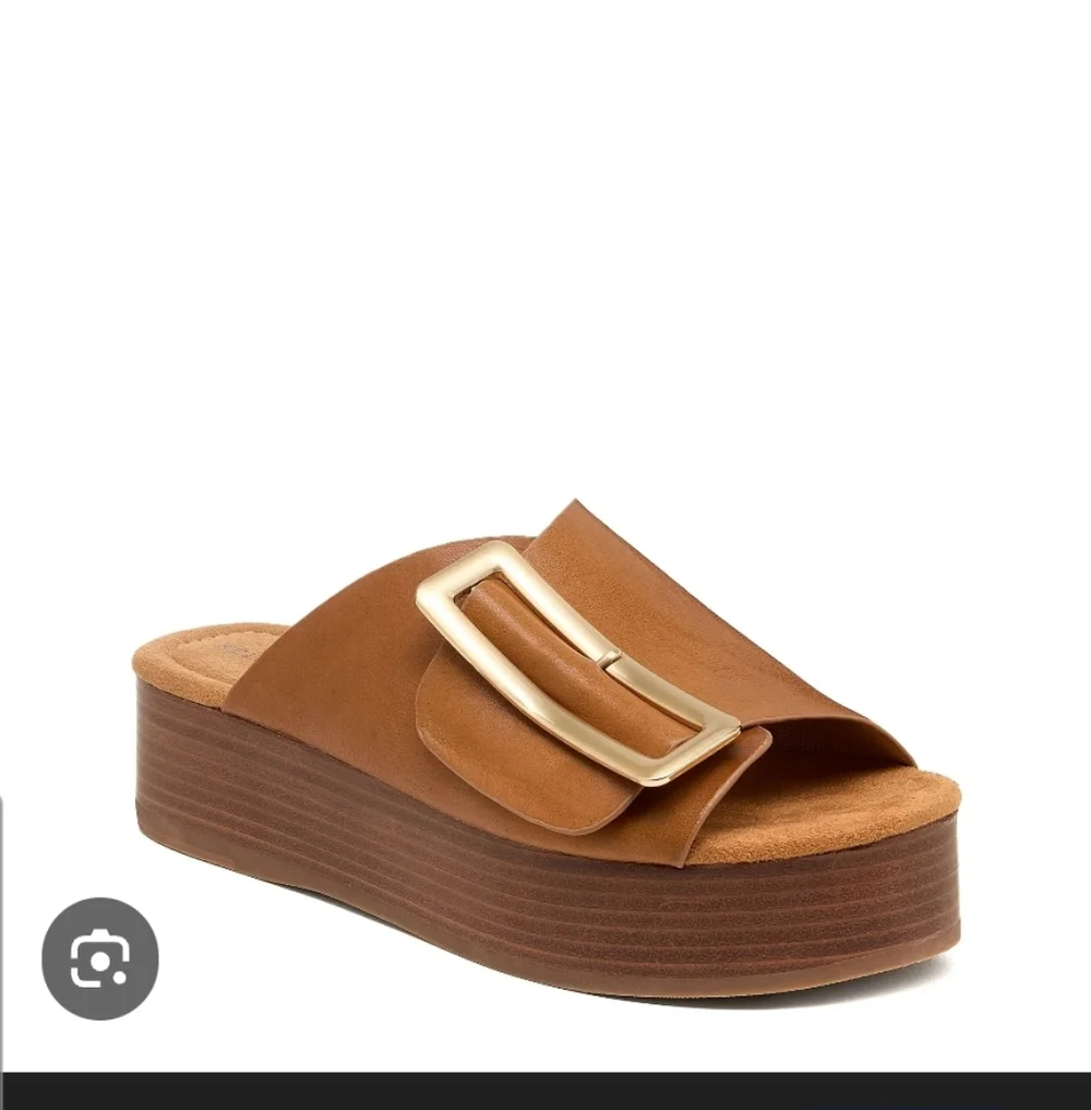 Kelsi Dagger Tan Platform Slides with Gold Buckle